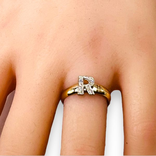 Diamond Letter Ring "R" 10k White & Yellow Gold, sz 7 - Image 12