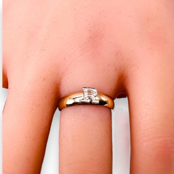 Ring With Initial "R" 10k Yellow & White Gold, sz 5.75 - Image 7