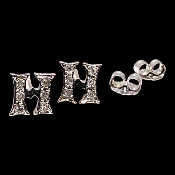 14k White Gold Single Initial "H" Diamond Stud Earrings - Image 2