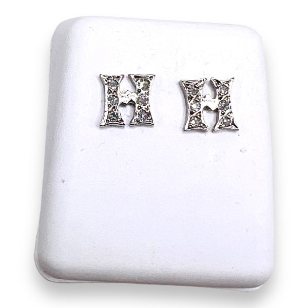 14k White Gold Single Initial "H" Diamond Stud Earrings