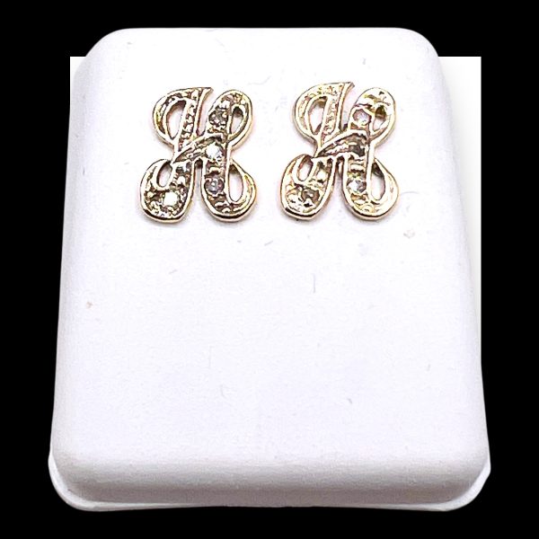 14k Yellow Gold Diamond Initial "H" Cursive Letter Earrings - Image 2