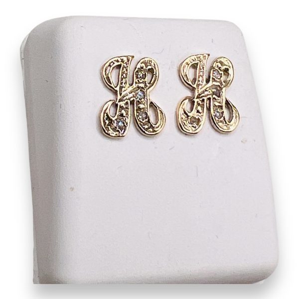 14k Yellow Gold Diamond Initial "H" Cursive Letter Earrings