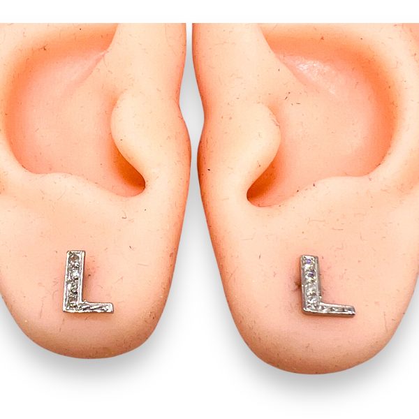 Diamond Earrings Initial "L" 14k Solid Gold Block Letter - Image 5