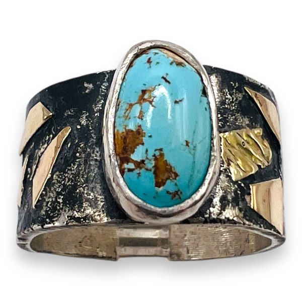 Persian Turquoise Rustic Silver Gold Accent Ring, sz 9 - Image 2