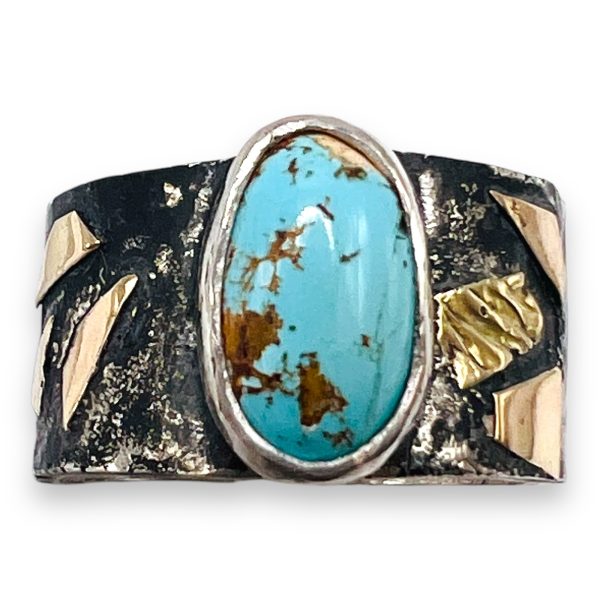 Persian Turquoise Rustic Silver Gold Accent Ring, sz 9