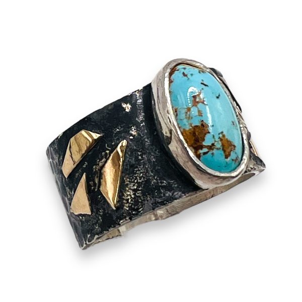 Persian Turquoise Rustic Silver Gold Accent Ring, sz 9 - Image 3