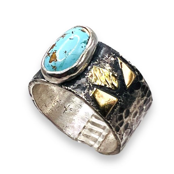 Persian Turquoise Rustic Silver Gold Accent Ring, sz 9 - Image 4