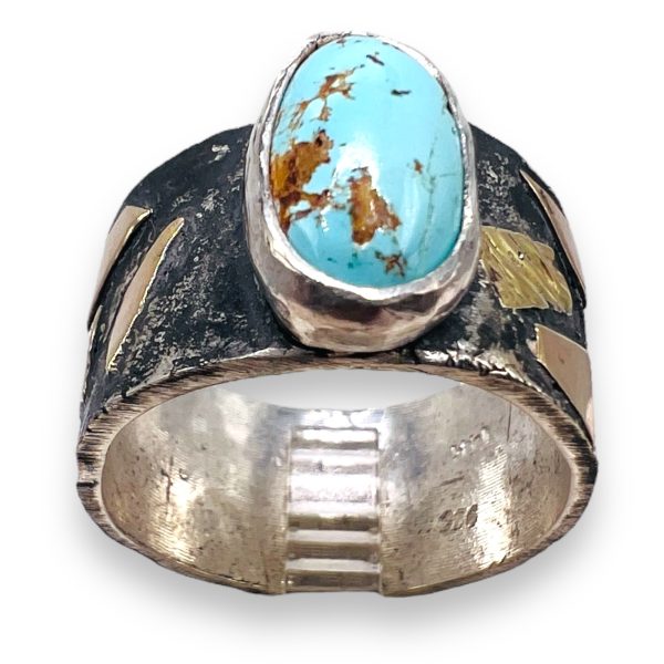 Persian Turquoise Rustic Silver Gold Accent Ring, sz 9 - Image 7