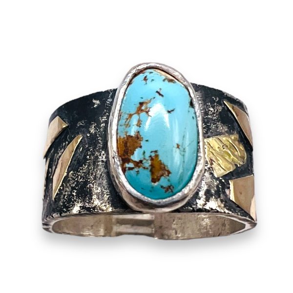 Persian Turquoise Rustic Silver Gold Accent Ring, sz 9 - Image 8