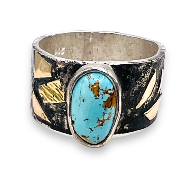 Persian Turquoise Rustic Silver Gold Accent Ring, sz 9 - Image 10