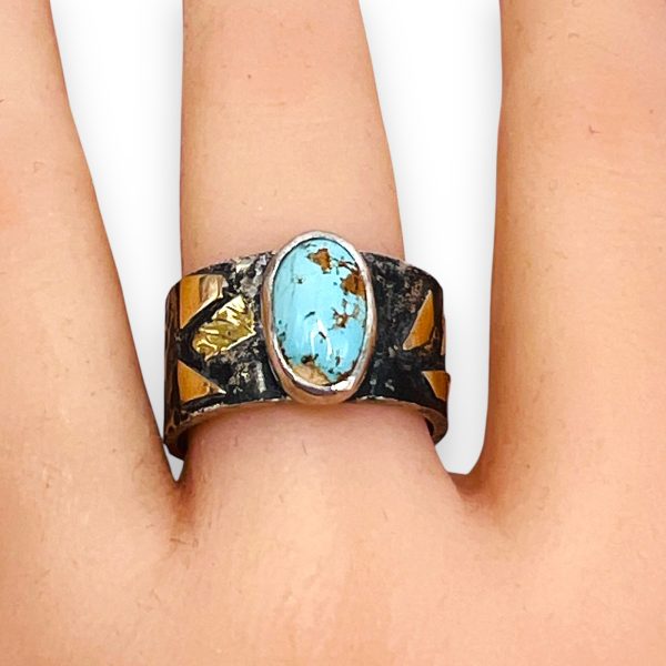 Persian Turquoise Rustic Silver Gold Accent Ring, sz 9 - Image 14