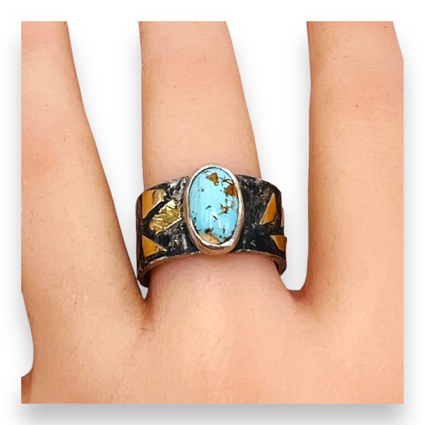 Persian Turquoise Rustic Silver Gold Accent Ring, sz 9 - Image 15