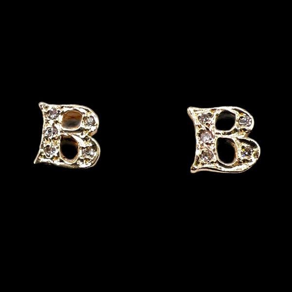 14k Solid Gold Initial "B" Letter Real Diamond Earrings - Image 2