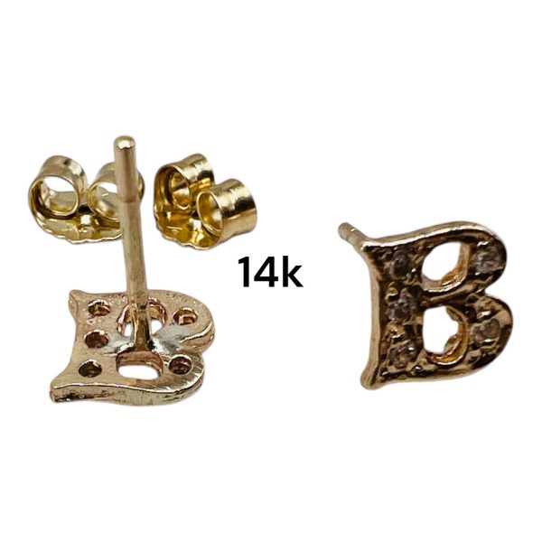 14k Solid Gold Initial "B" Letter Real Diamond Earrings - Image 3