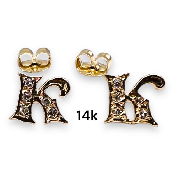 14k Yellow Gold Diamond Initial "K" Cursive Letter Earrings - Image 3