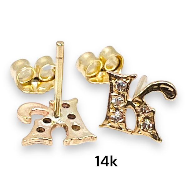 14k Yellow Gold Diamond Initial "K" Cursive Letter Earrings - Image 4