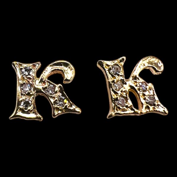 14k Yellow Gold Diamond Initial "K" Cursive Letter Earrings - Image 2