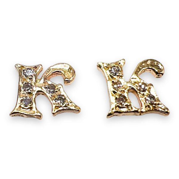 14k Yellow Gold Diamond Initial "K" Cursive Letter Earrings