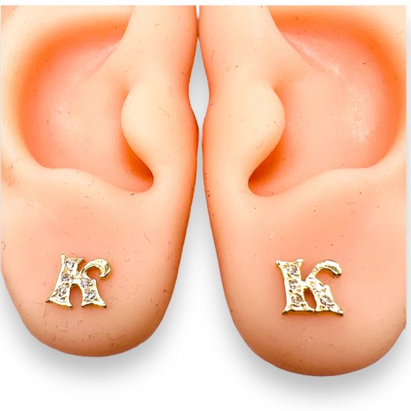 14k Yellow Gold Diamond Initial "K" Cursive Letter Earrings - Image 7