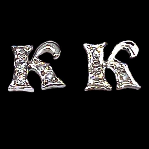 14k White Gold Letter "K" Cursive Initial Diamond Earrings - Image 2