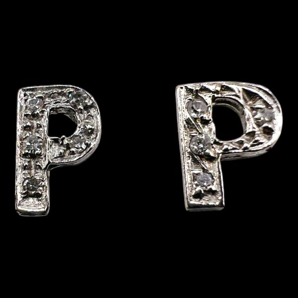 14k White Gold Diamond Initial "P" Block Letter Earrings - Image 2