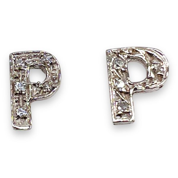 14k White Gold Diamond Initial "P" Block Letter Earrings