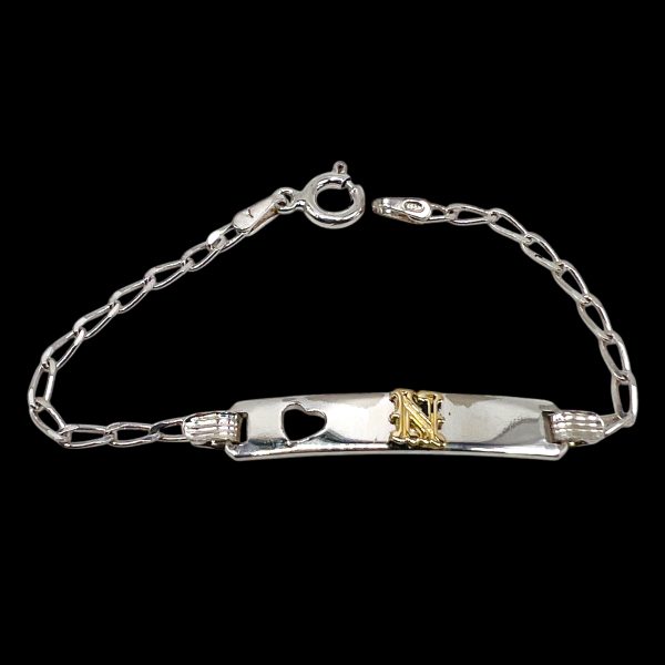 Baby ID Bracelet Initial 'N' 10k Gold Letter Open Heart Silver Wristlet - Image 9