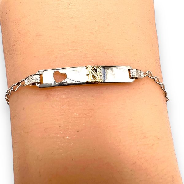 Baby ID Bracelet Initial 'N' 10k Gold Letter Open Heart Silver Wristlet - Image 6