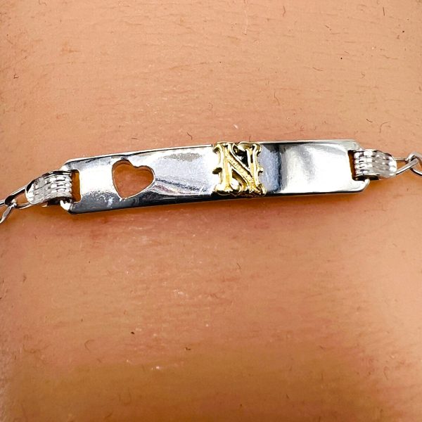 Baby ID Bracelet Initial 'N' 10k Gold Letter Open Heart Silver Wristlet - Image 7