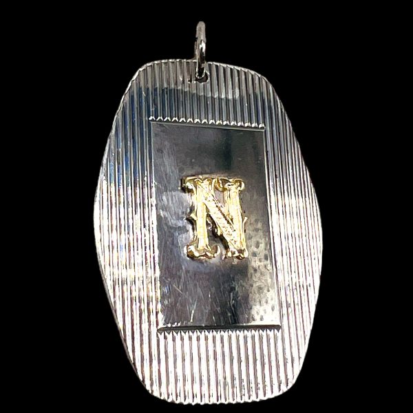 Silver ID Dog Tag Pendant with Letter 'N' Gold Initial