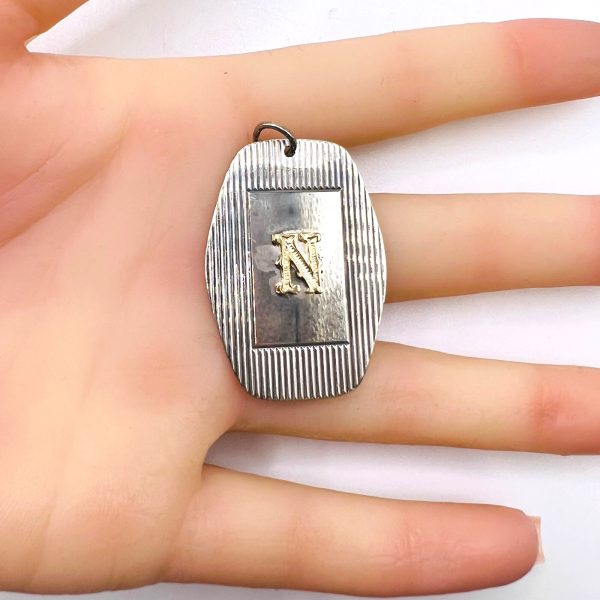 Silver ID Dog Tag Pendant with Letter 'N' Gold Initial - Image 8