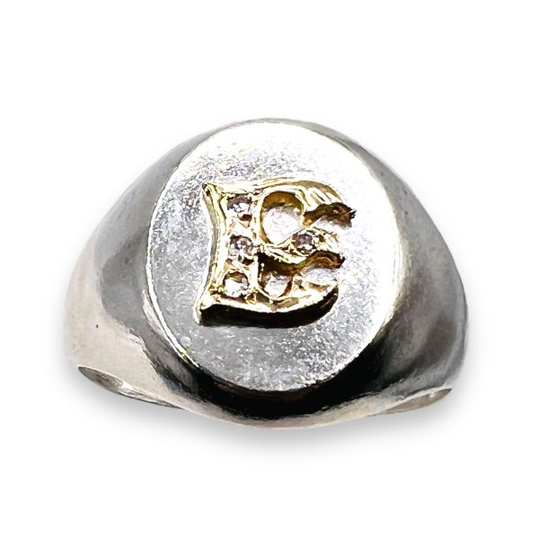 10k Gold Signet Ring Initial "E" Diamond Letter, sz 8