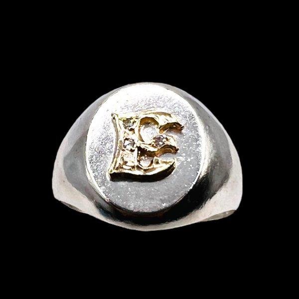 10k Gold Signet Ring Initial "E" Diamond Letter, sz 8 - Image 3