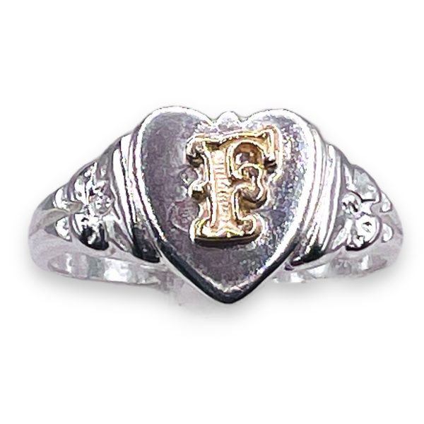 Initial Ring "F" 10k Gold Letter, sz 4.5 | 8.5mm Silver Band