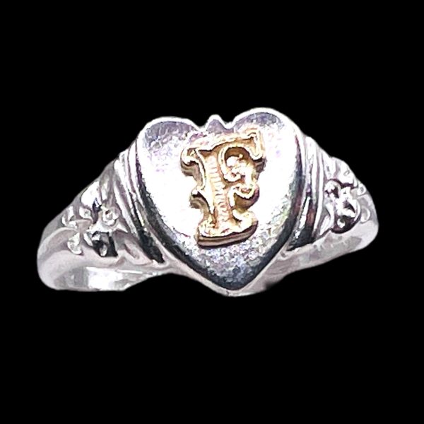 Initial Ring "F" 10k Gold Letter, sz 4.5 | 8.5mm Silver Band - Image 5