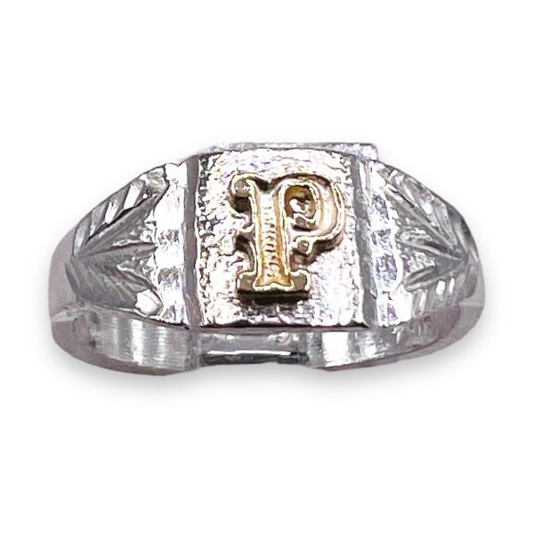 Initial Ring "P" 10k Gold Letter, sz 4.5 | 3mm Silver Band