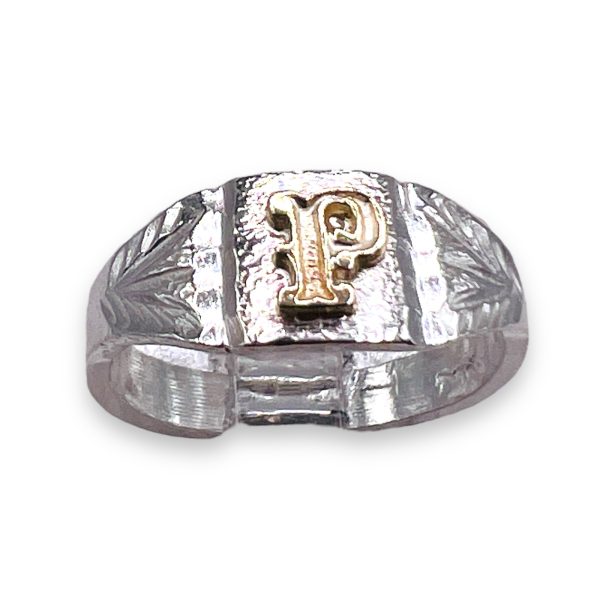 Initial Ring "P" 10k Gold Letter, sz 4.5 | 3mm Silver Band - Image 2