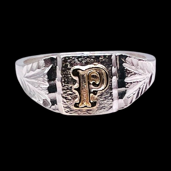 Initial Ring "P" 10k Gold Letter, sz 4.5 | 3mm Silver Band - Image 5