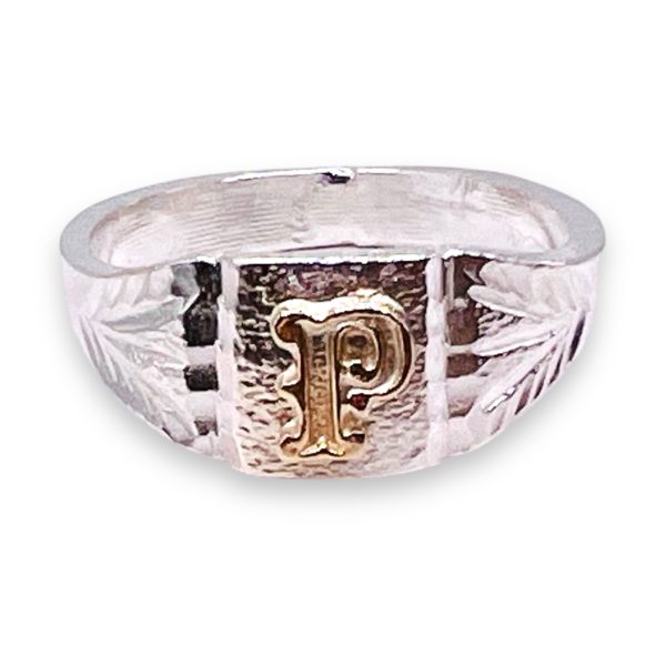 Initial Ring "P" 10k Gold Letter, sz 4.5 | 3mm Silver Band - Image 6