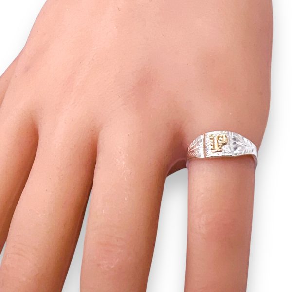 Initial Ring "P" 10k Gold Letter, sz 4.5 | 3mm Silver Band - Image 9