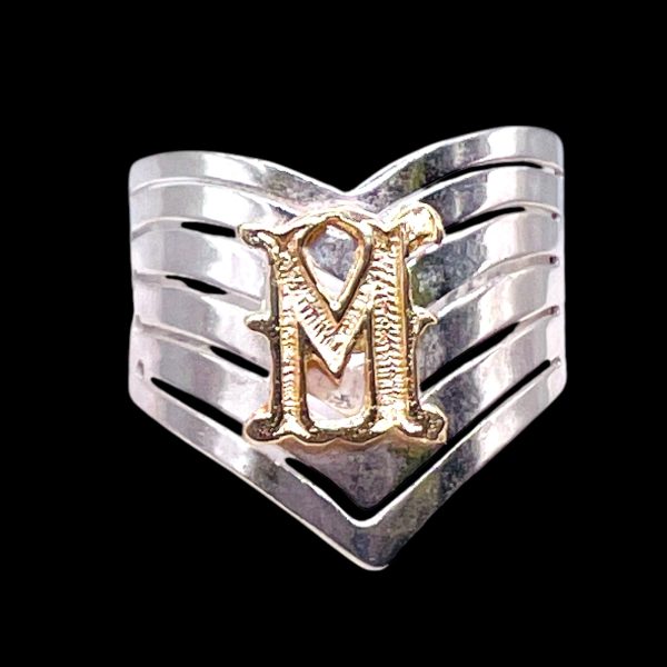 Ring with Letter “M” Gold Initial, Chevron Band size 8.25 - Image 2