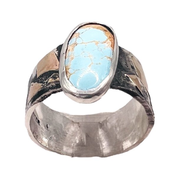 Persian Turquoise Rustic Silver Gold Accent Ring,  Size 9 - Image 4