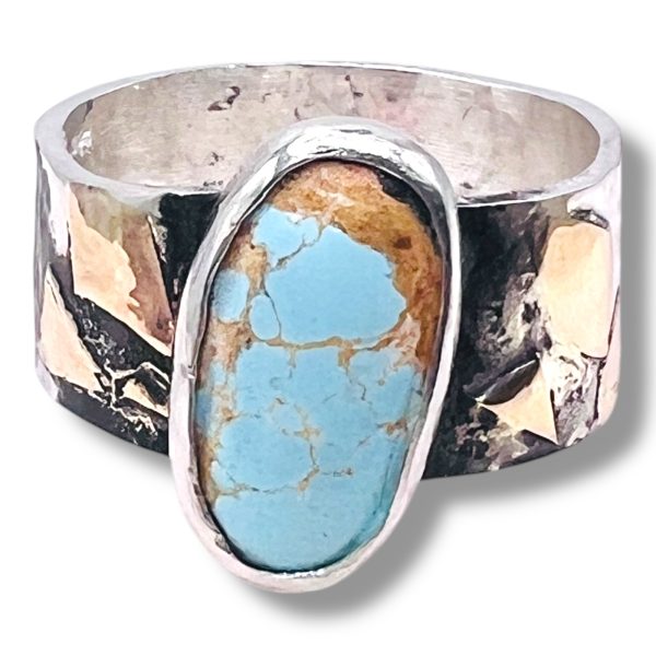 Persian Turquoise Rustic Silver Gold Accent Ring,  Size 9