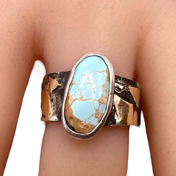 Persian Turquoise Rustic Silver Gold Accent Ring,  Size 9 - Image 11