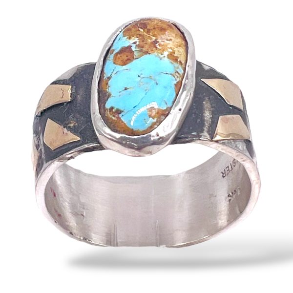 Rustic Silver Gold Accent Persian Turquoise Ring, size 10.5 - Image 4