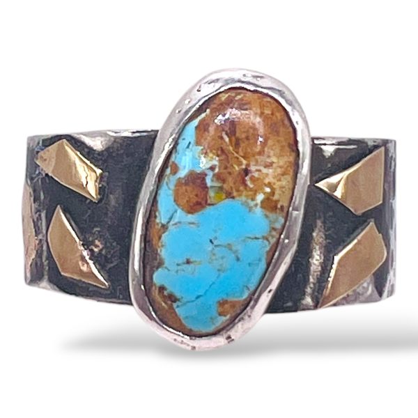 Rustic Silver Gold Accent Persian Turquoise Ring, size 10.5