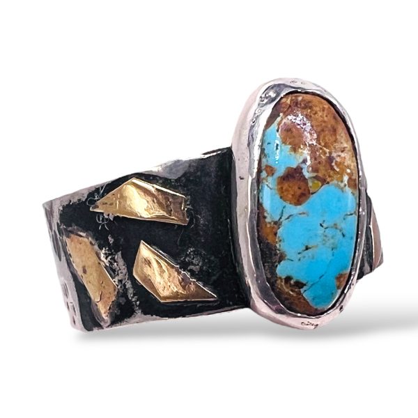 Rustic Silver Gold Accent Persian Turquoise Ring, size 10.5 - Image 5