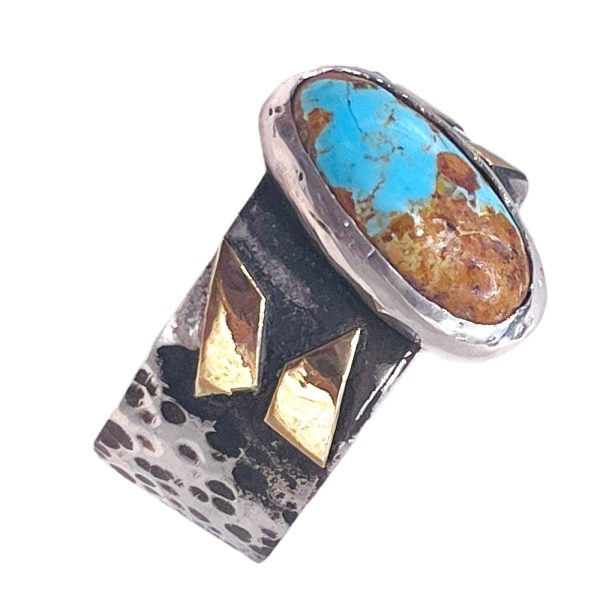 Rustic Silver Gold Accent Persian Turquoise Ring, size 10.5 - Image 3