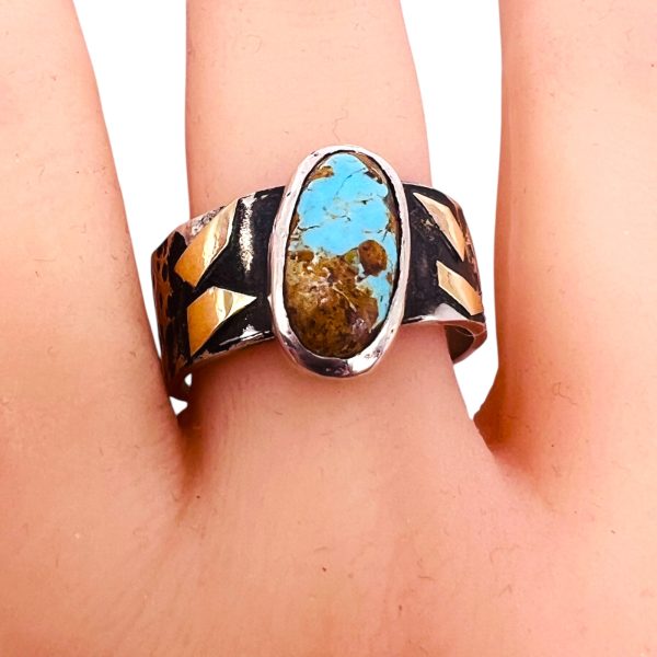 Rustic Silver Gold Accent Persian Turquoise Ring, size 10.5 - Image 10