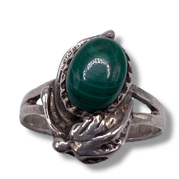 Natural Green Malachite Ring, Size 4.75 | Silver Leaf Band